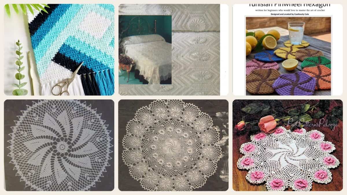 A selection of the crochet patterns in 24 Pinwheel Crochet Patterns for Blankets, Decor, and Vintage-Inspired Gifts