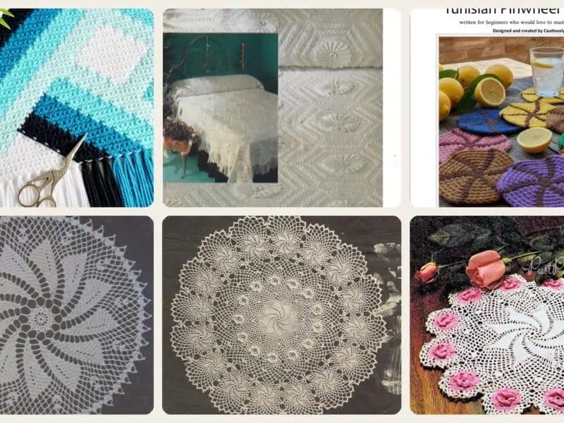 A selection of the crochet patterns in 24 Pinwheel Crochet Patterns for Blankets, Decor, and Vintage-Inspired Gifts
