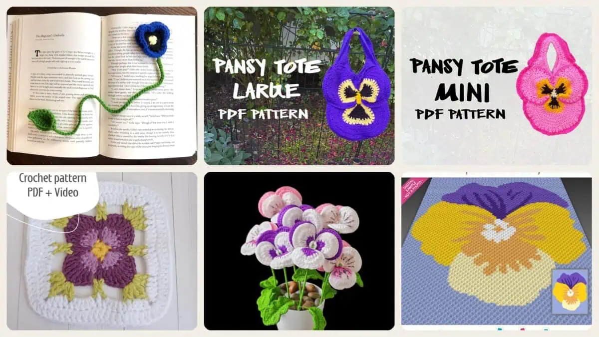 A selection of the crochet patterns in 40 Pansy Crochet Patterns for Flowers, Decor, and Wearable Details
