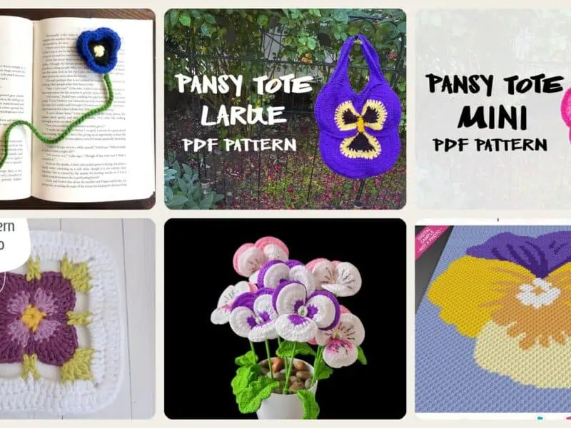 A selection of the crochet patterns in 40 Pansy Crochet Patterns for Flowers, Decor, and Wearable Details