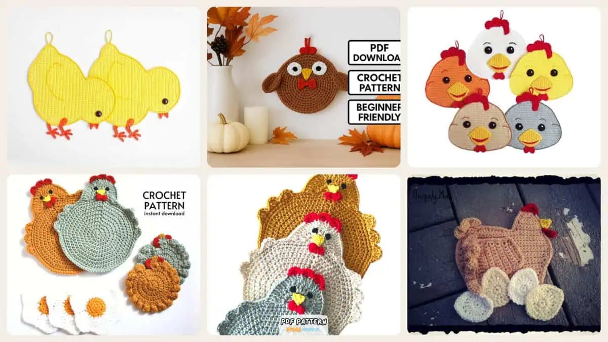 A selection of the crochet patterns in 13 Chicken Potholder Crochet Patterns for Farmhouse Kitchen Charm