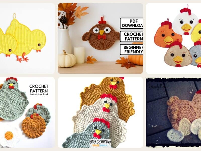 A selection of the crochet patterns in 13 Chicken Potholder Crochet Patterns for Farmhouse Kitchen Charm