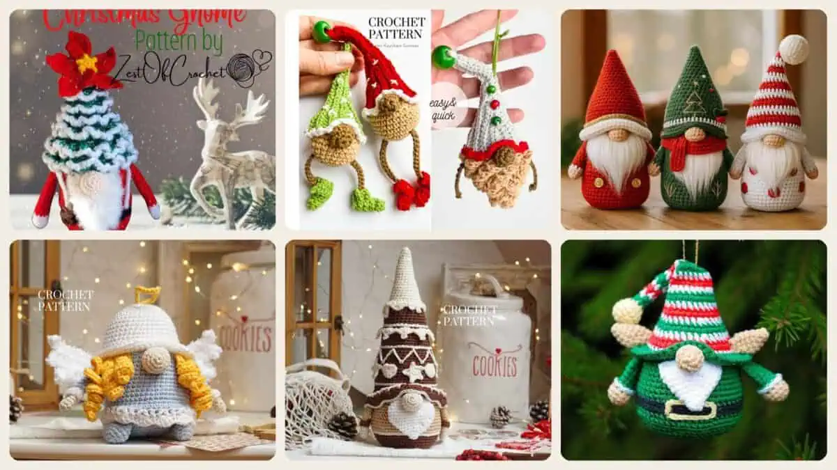 A selection of the crochet patterns in 40 Christmas Gnome Crochet Patterns for Cozy Holiday Decorating