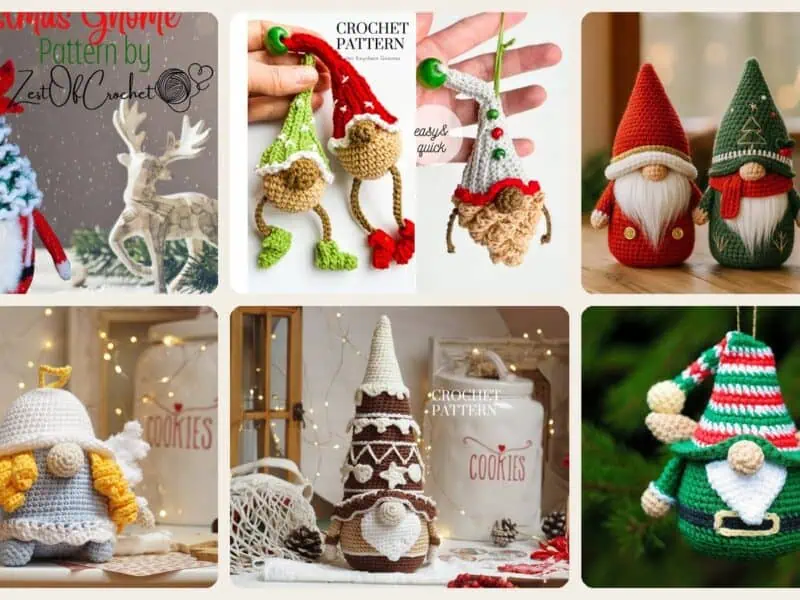A selection of the crochet patterns in 40 Christmas Gnome Crochet Patterns for Cozy Holiday Decorating