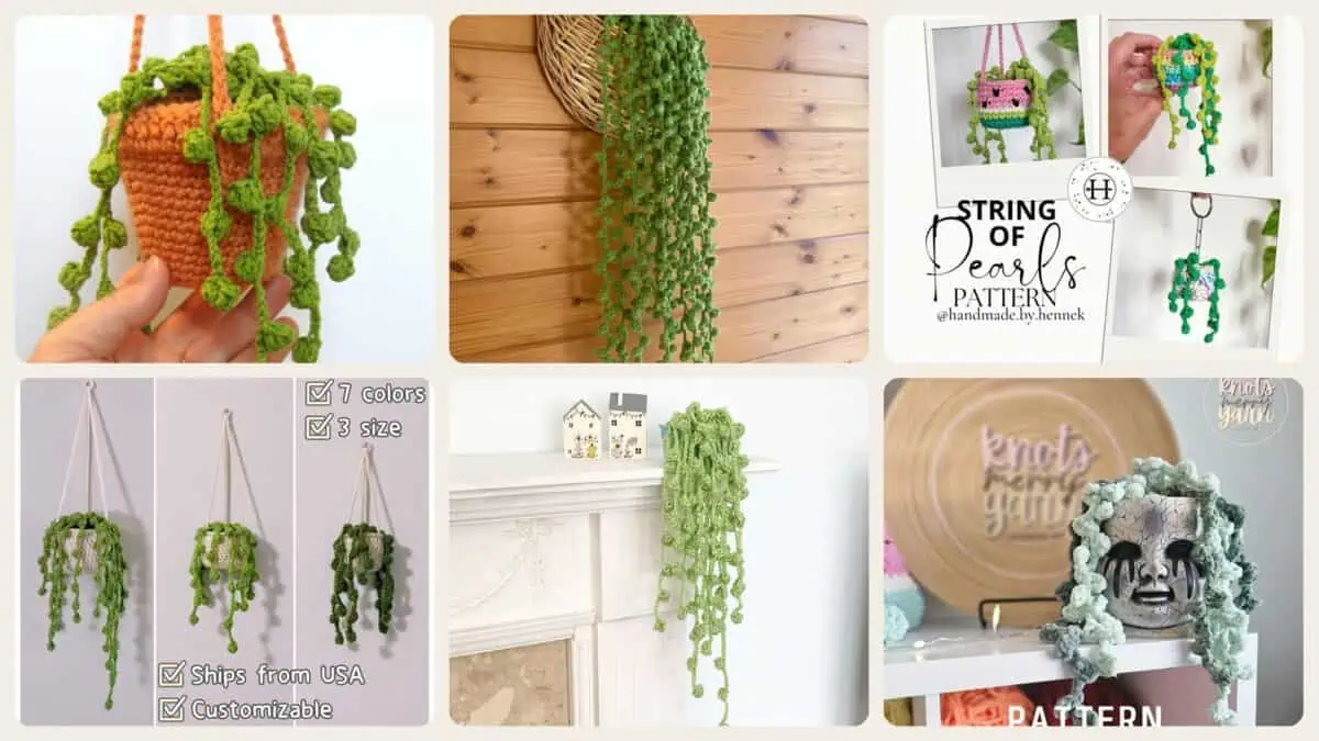 A selection of the crochet patterns in 9 String of Pearls Crochet Patterns for Hanging Plants, Mini Pots, and Car Charms