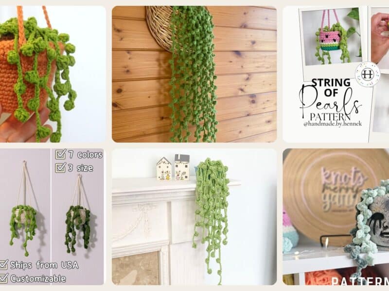 A selection of the crochet patterns in 9 String of Pearls Crochet Patterns for Hanging Plants, Mini Pots, and Car Charms