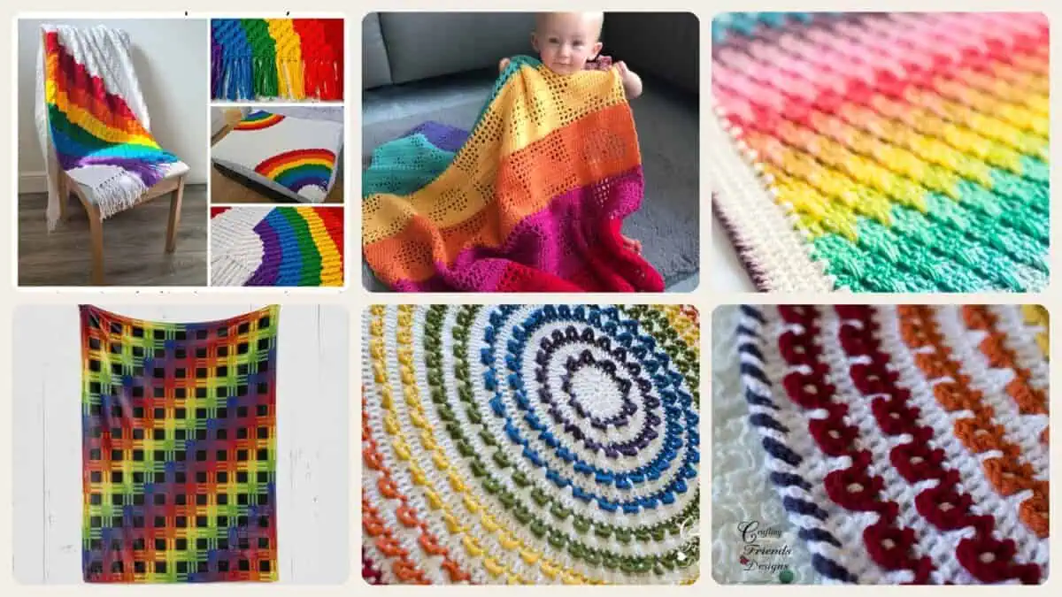 A selection of the crochet patterns in 40 Rainbow Blanket Crochet Patterns to Brighten Baby Rooms, Throws, and Gift Giving