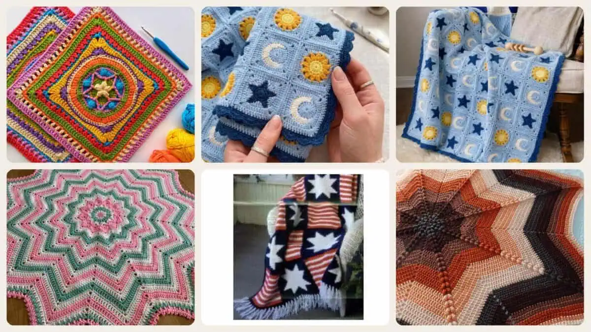 A selection of the crochet patterns in 40 Star Blanket Crochet Pattern: Create Cozy Heirlooms for Your Loved Ones