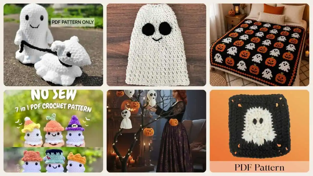 A selection of the crochet patterns in 40 Ghost Crochet Patterns for Halloween: Spooky-Cute Amigurumi, Keychains, Bags, and Decor