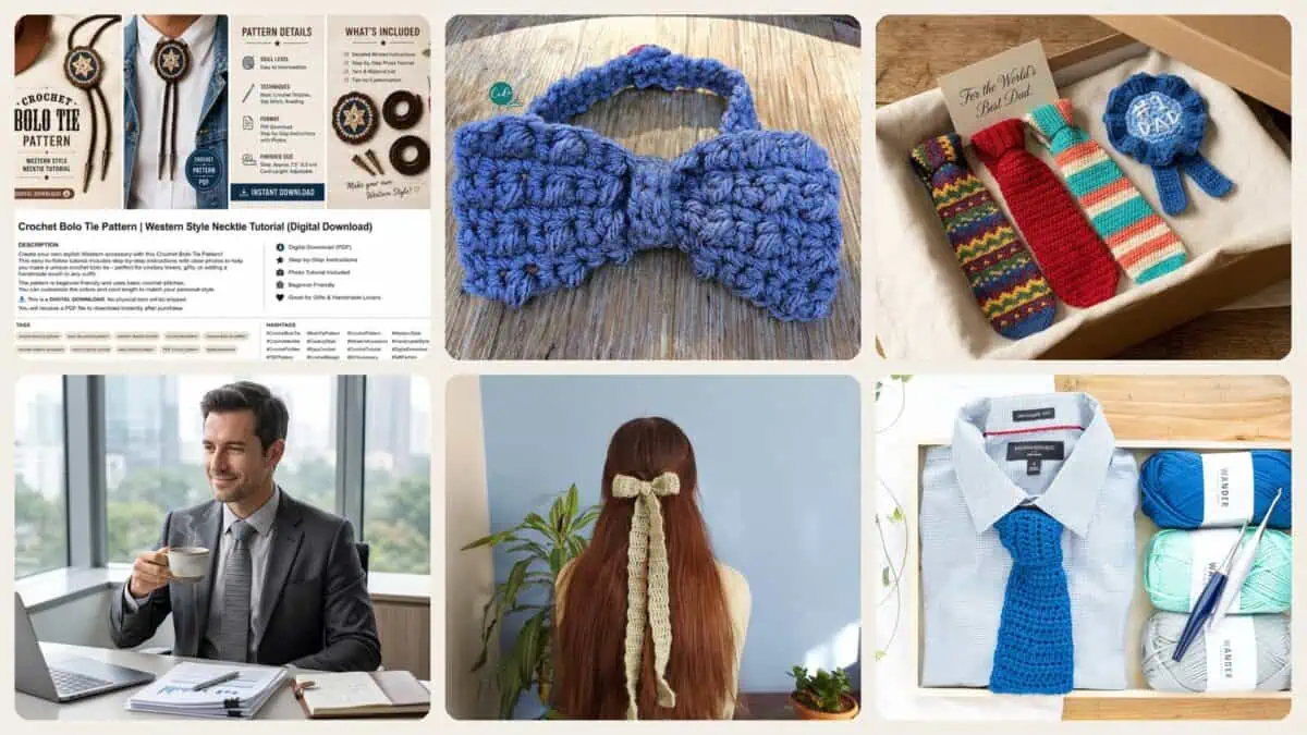 A selection of the crochet patterns in 19 Tie Crochet Patterns for Stylish Handmade Gifts and Clever Accessories