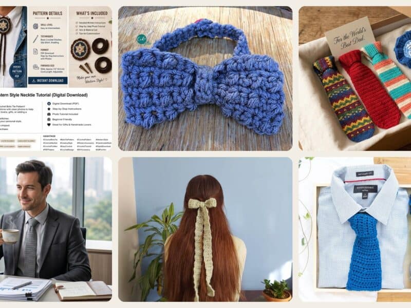 A selection of the crochet patterns in 19 Tie Crochet Patterns for Stylish Handmade Gifts and Clever Accessories
