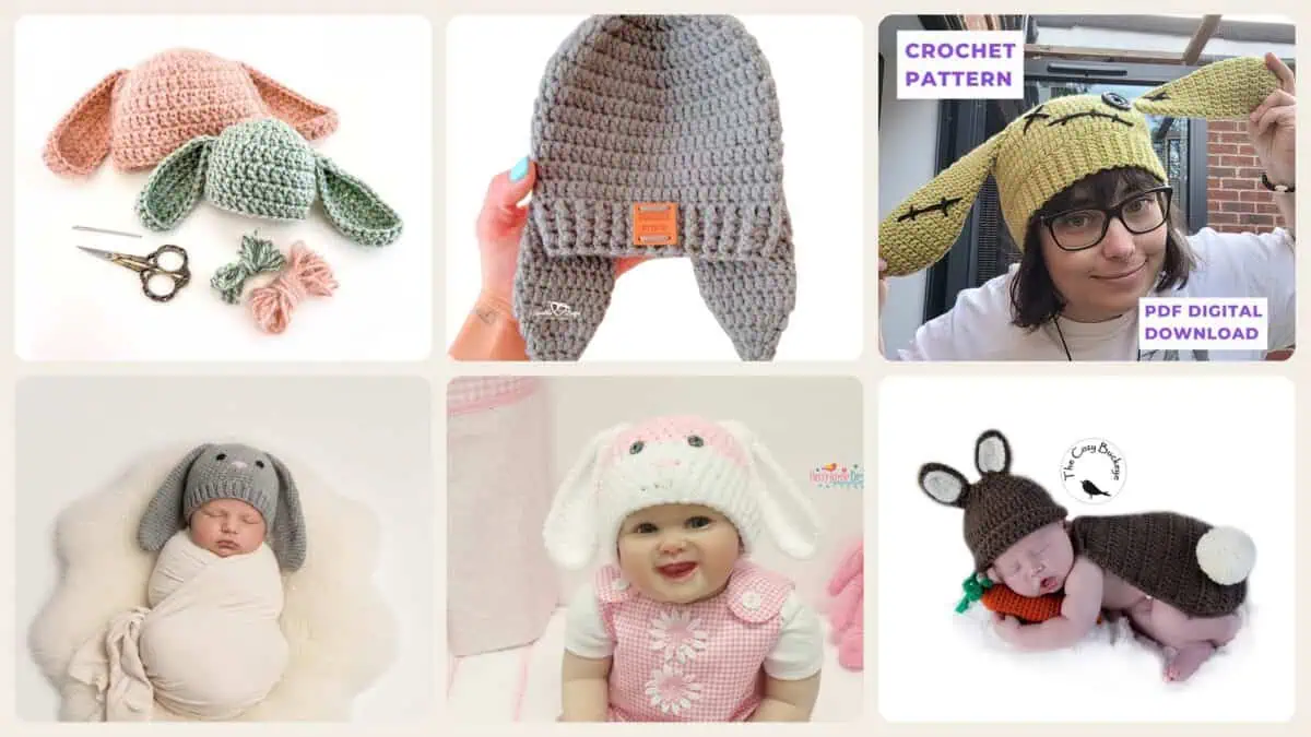 A selection of the crochet patterns in 40 Bunny Beanie Crochet Patterns: Perfect for Every Skill Level and Season!