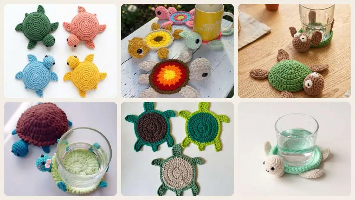 A selection of the crochet patterns in 16 Turtle Coaster Crochet Patterns for Cute, Giftable Table Decor