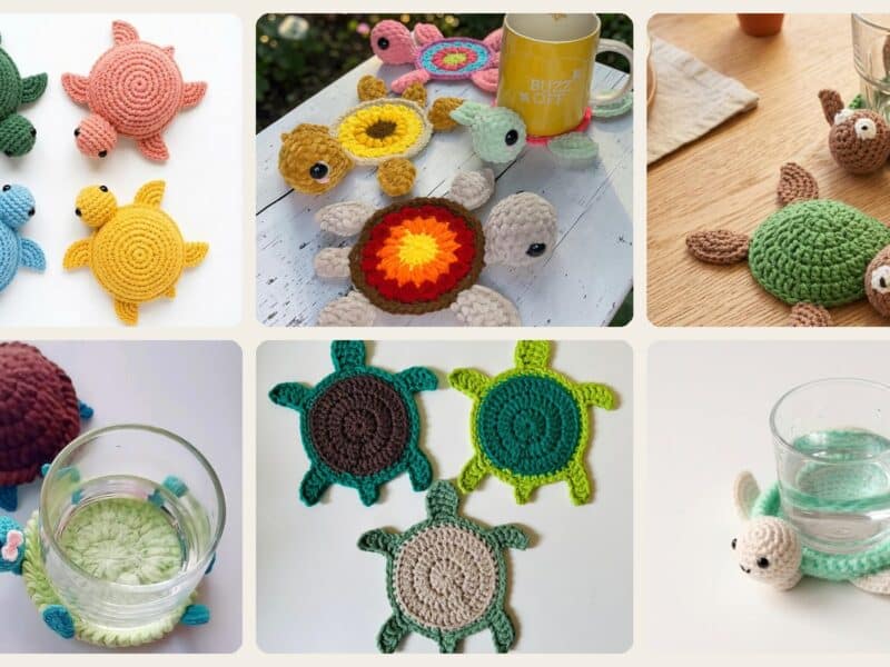 A selection of the crochet patterns in 16 Turtle Coaster Crochet Patterns for Cute, Giftable Table Decor