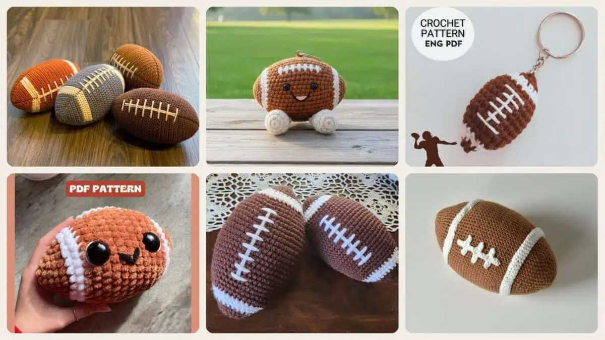 A selection of the crochet patterns in 10 Football Crochet Patterns for Game Day Gifts, Decor, and Amigurumi Fans