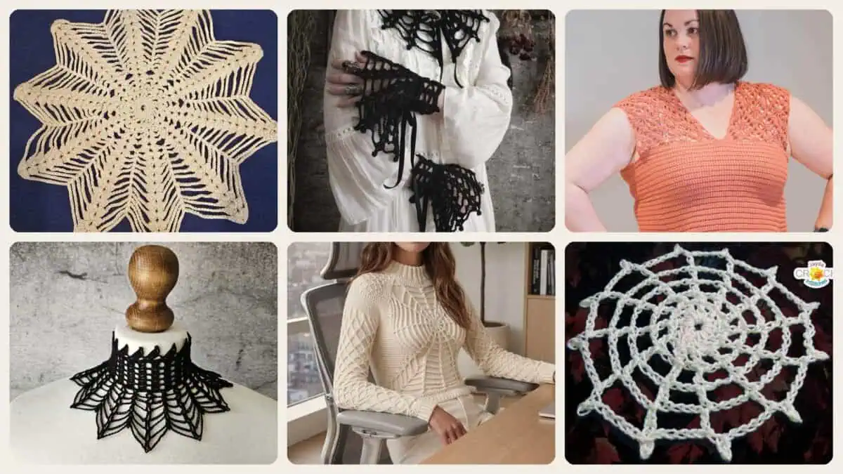 A selection of the crochet patterns in 8 Spider Lace Crochet Patterns for Shawls, Tops, Home Decor, and Gothic Accessories