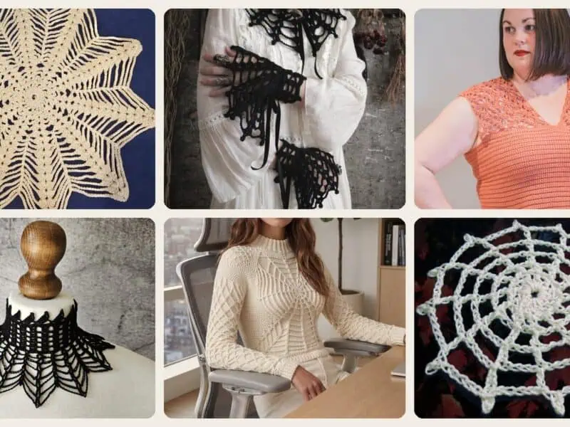 A selection of the crochet patterns in 8 Spider Lace Crochet Patterns for Shawls, Tops, Home Decor, and Gothic Accessories