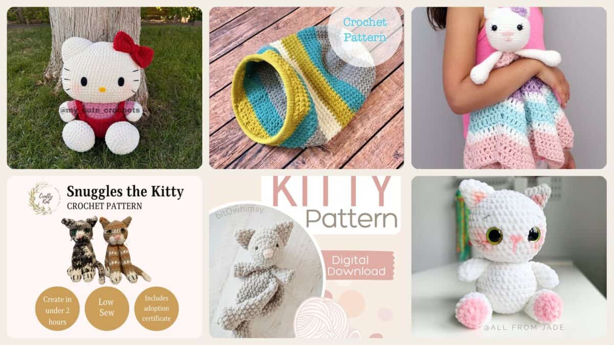 A selection of the crochet patterns in 40 Kitty Crochet Patterns: Create Adorable Feline Friends at Home