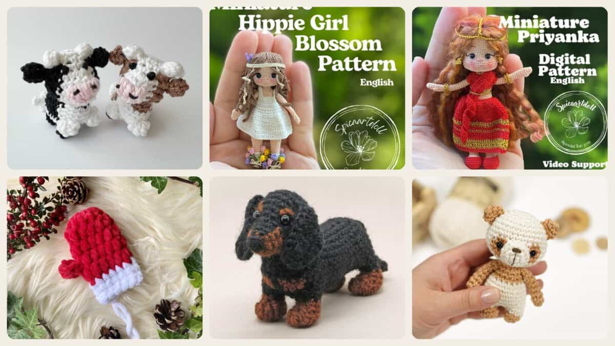 A selection of the crochet patterns in 40 Mini Crochet Patterns for Small Makes, Keychains, and Tiny Amigurumi