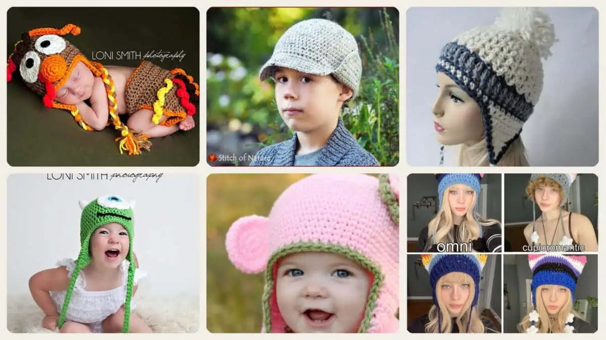 A selection of the crochet patterns in 11 Ear Flap Hat Crochet Patterns for Cozy Winter Wear, Gifts, and Playful Style