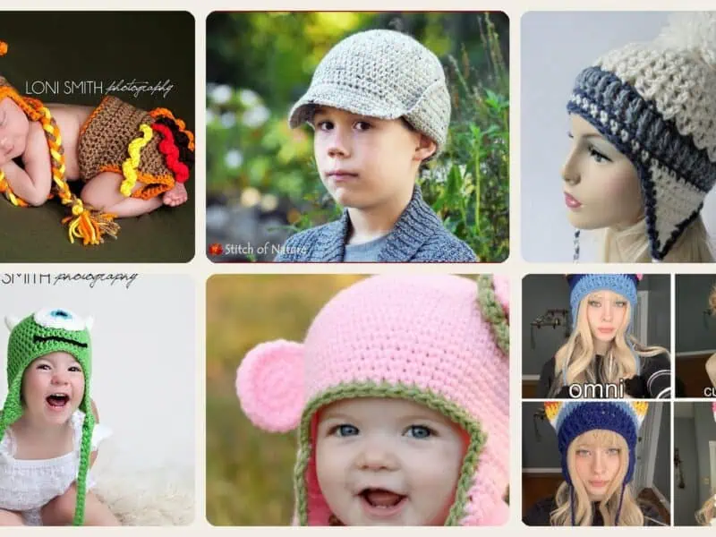 A selection of the crochet patterns in 11 Ear Flap Hat Crochet Patterns for Cozy Winter Wear, Gifts, and Playful Style