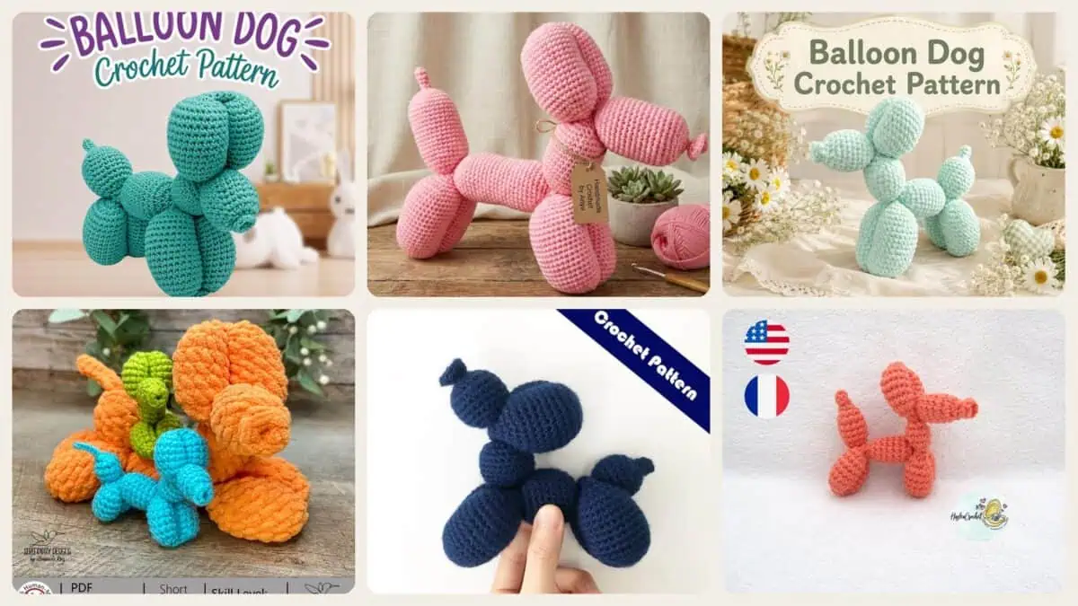 A selection of the crochet patterns in 10 Balloon Dog Crochet Patterns for Adorable Toys, Decor, and Gifts