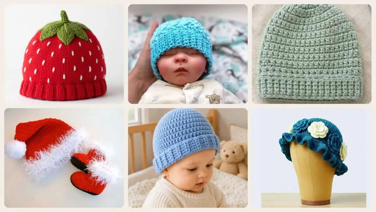 A selection of the crochet patterns in 40 Baby Hat Crochet Patterns for Keepsake Gifts, Photo Props, and Everyday Wear