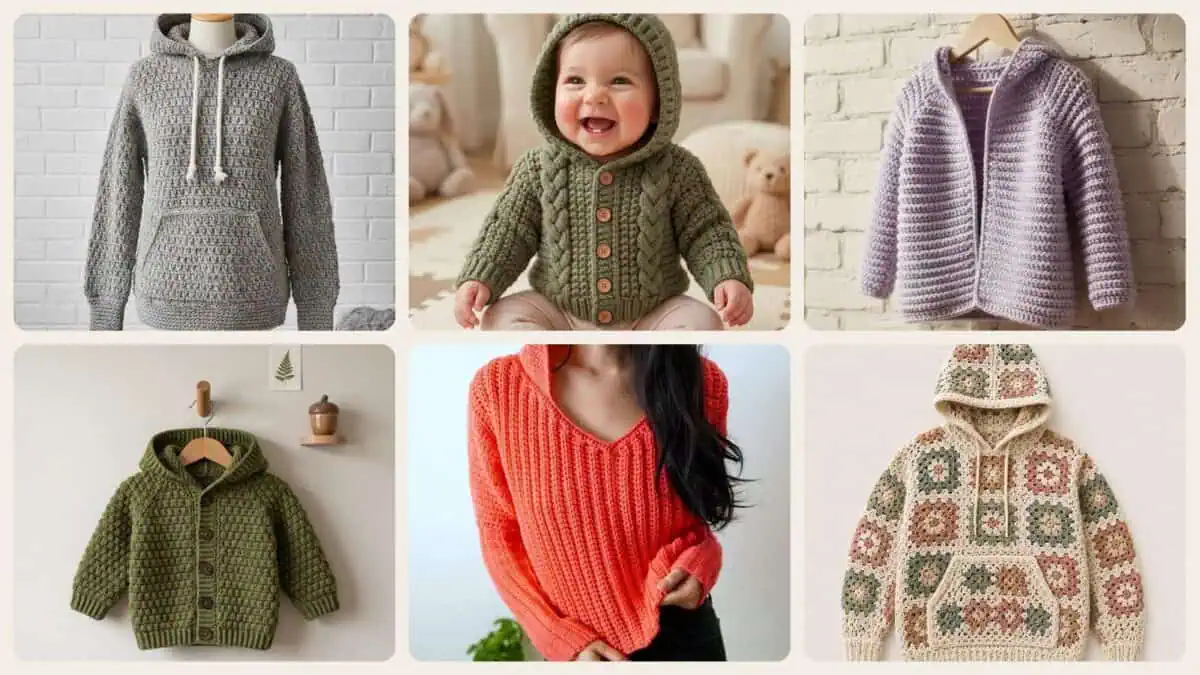 A selection of the crochet patterns in 40 Hoodie Crochet Patterns: Cozy Pullovers, Animal Hoods, and Giftable Crochet Ideas