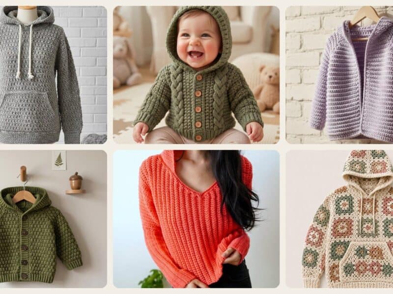 A selection of the crochet patterns in 40 Hoodie Crochet Patterns: Cozy Pullovers, Animal Hoods, and Giftable Crochet Ideas