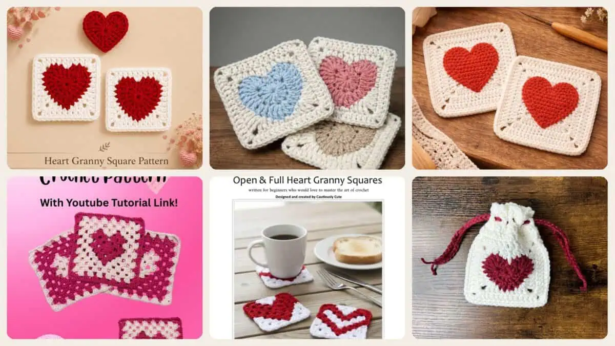 A selection of the crochet patterns in 40 Heart Granny Square Crochet Patterns for Blankets, Bags, and Sweet Motifs