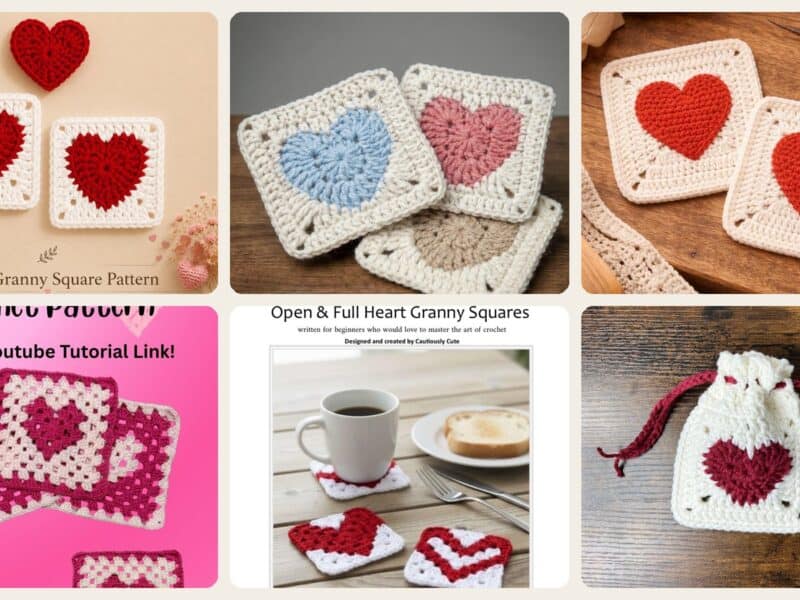 A selection of the crochet patterns in 40 Heart Granny Square Crochet Patterns for Blankets, Bags, and Sweet Motifs