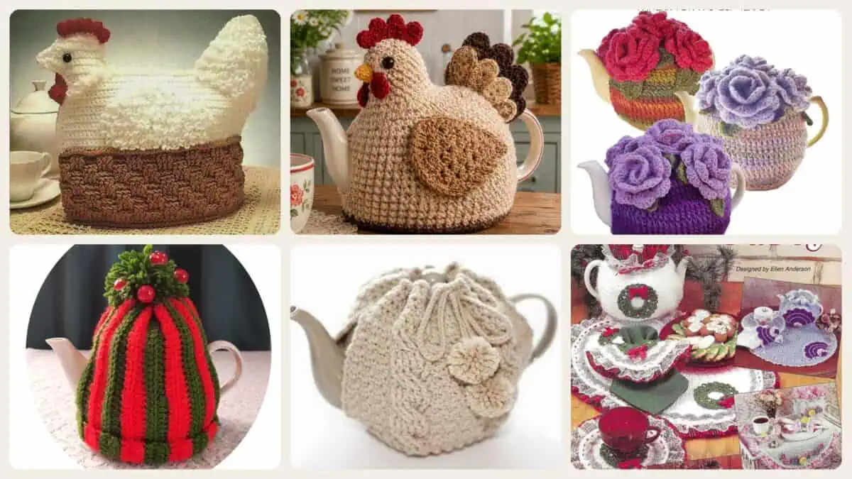 A selection of the crochet patterns in 13 Tea Cozy Crochet Patterns for Teapots, Gifts, and Kitchen Decor