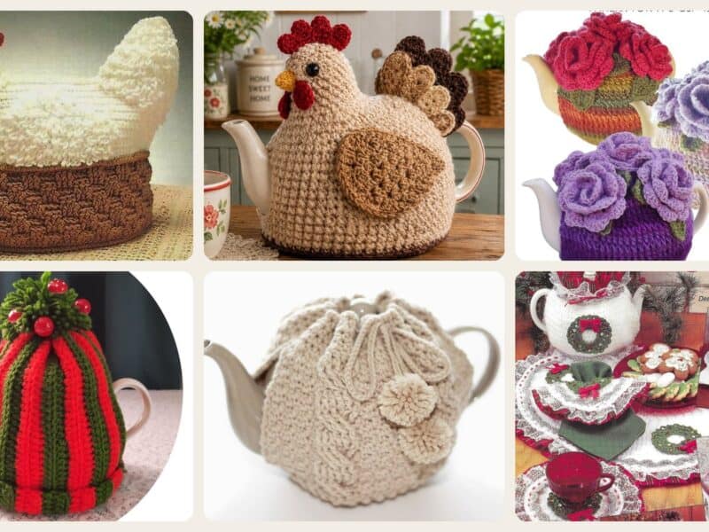 A selection of the crochet patterns in 13 Tea Cozy Crochet Patterns for Teapots, Gifts, and Kitchen Decor