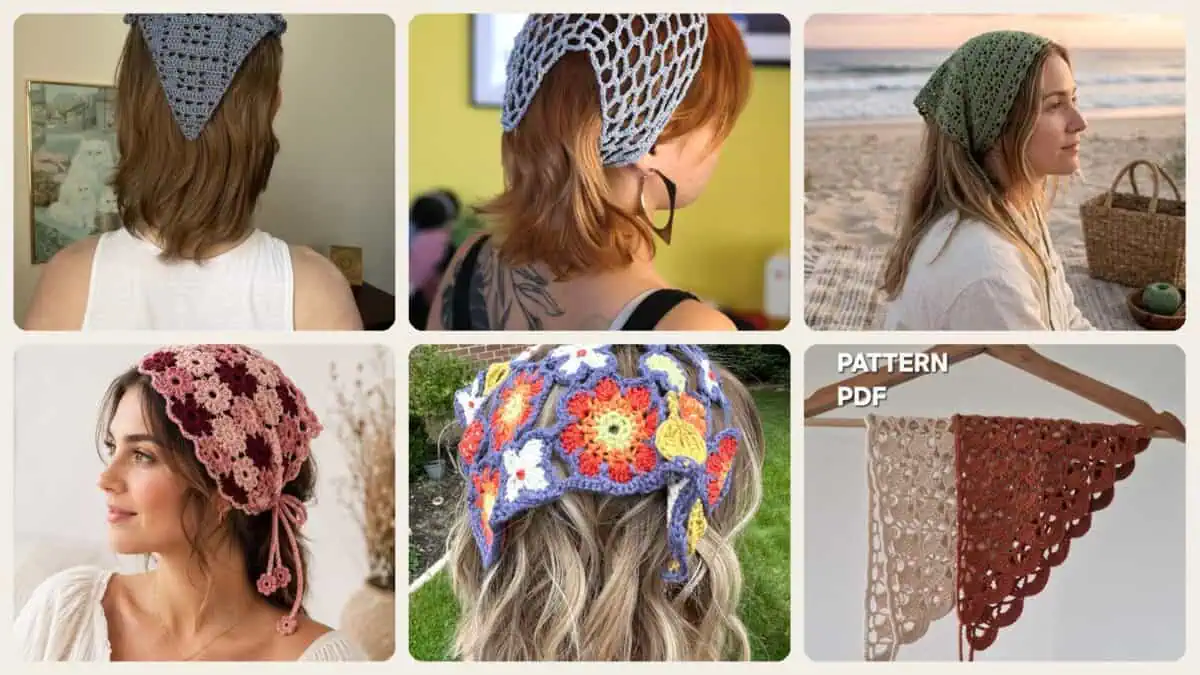 A selection of the crochet patterns in 40 Head Scarf Crochet Patterns for Bandanas, Kerchiefs, and Stylish Wraps