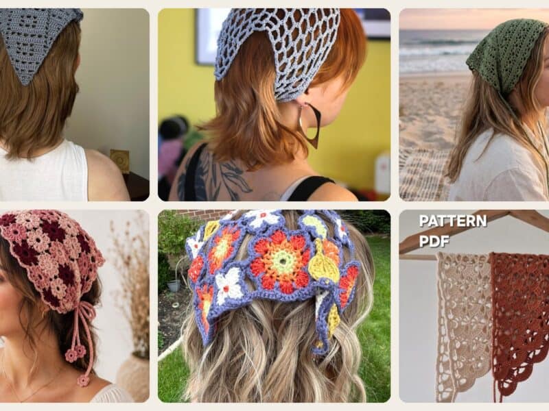 A selection of the crochet patterns in 40 Head Scarf Crochet Patterns for Bandanas, Kerchiefs, and Stylish Wraps