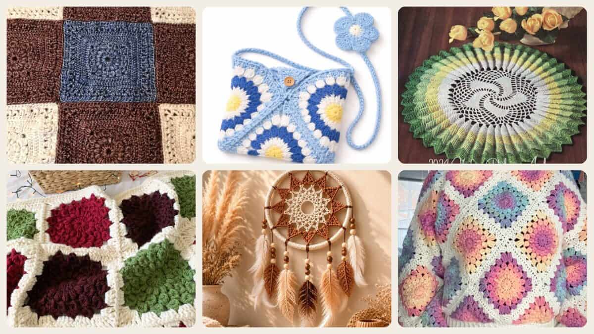 A selection of the crochet patterns in 40 Sunburst Crochet Patterns for Blankets, Bags, Tops, and Home Decor