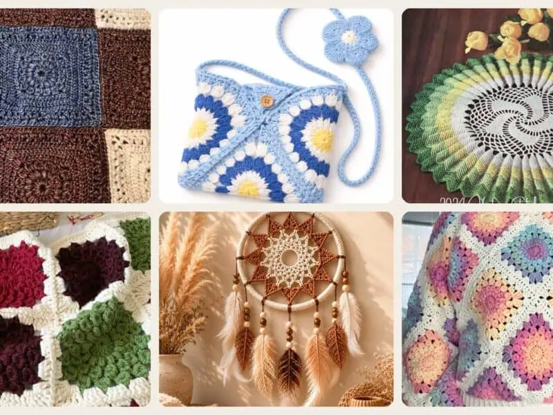 A selection of the crochet patterns in 40 Sunburst Crochet Patterns for Blankets, Bags, Tops, and Home Decor