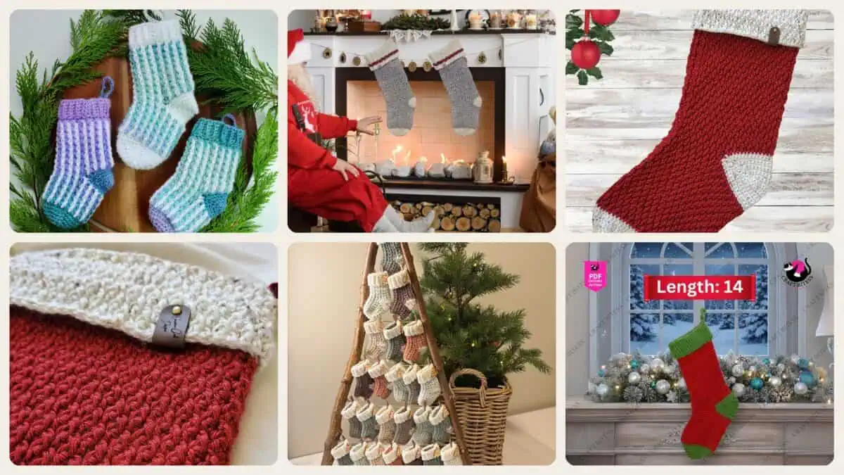 A selection of the crochet patterns in 40 Christmas Stocking Crochet Patterns for Handmade Holiday Keepsakes