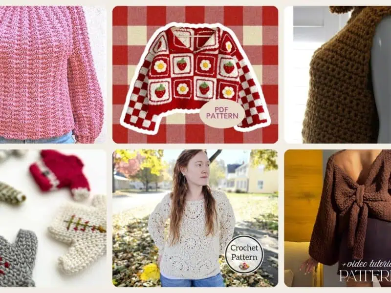A selection of the crochet patterns in 40 Crochet Sweater Patterns to Stitch Cozy Pullovers, Cardigans, and Statement Layers