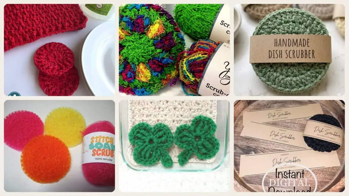 A selection of the crochet patterns in 9 Dish Scrubber Crochet Patterns for a Practical, Eco-Friendly Kitchen