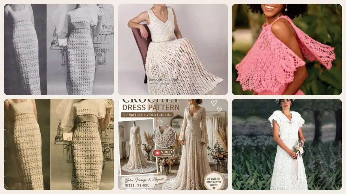 A selection of the crochet patterns in 37 Crochet Wedding Dresses for a Handmade Bridal Look