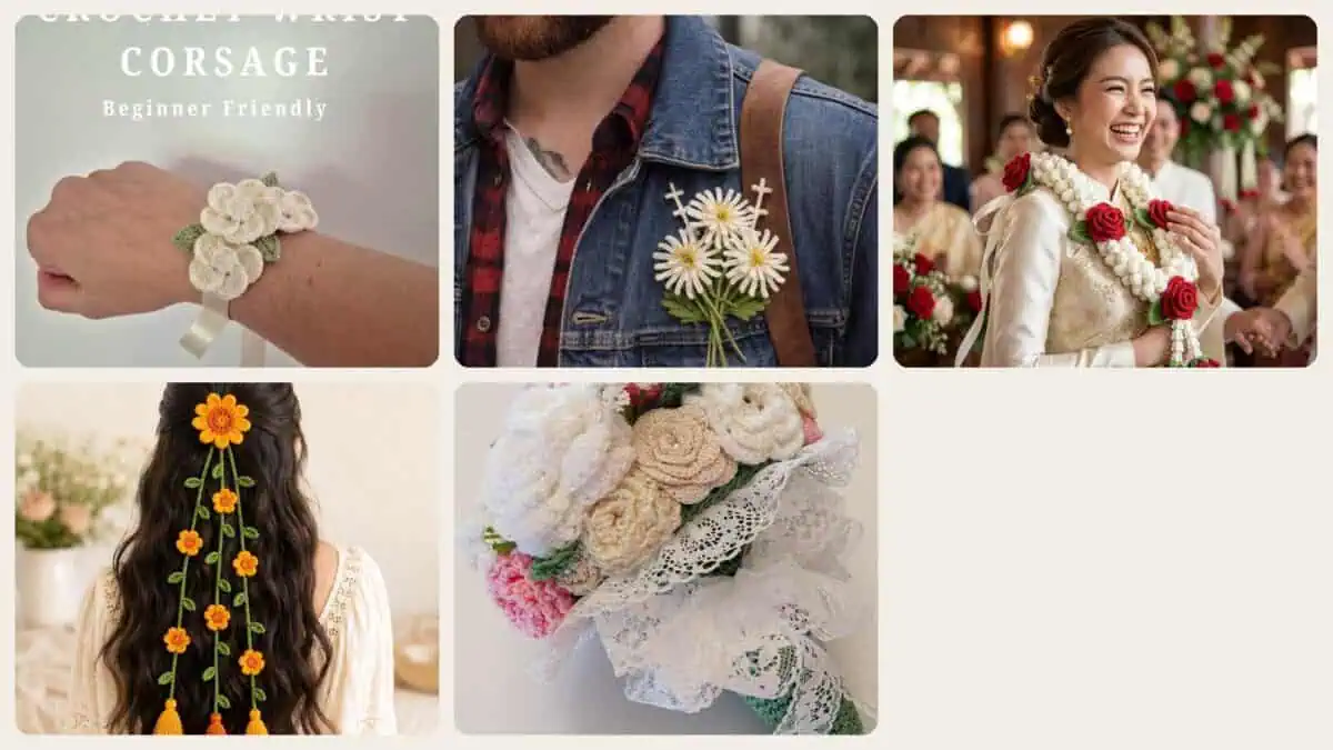 A selection of the crochet patterns in 5 Crochet Wedding Decorations Perfect for Your Big Day