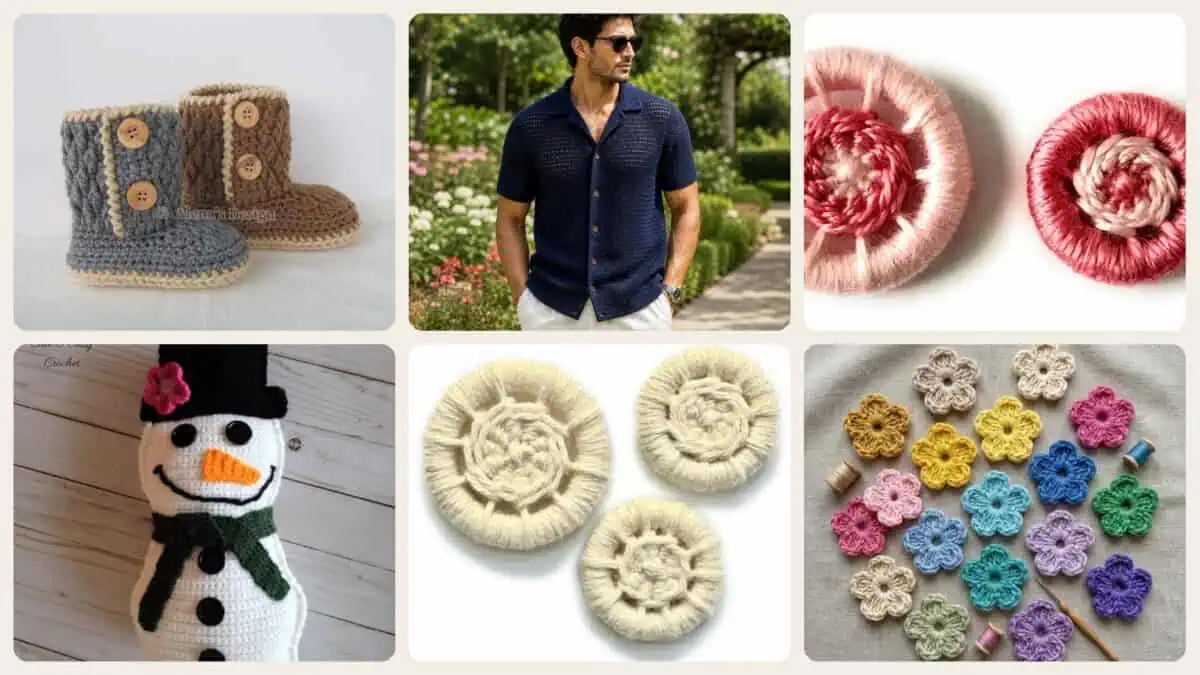A selection of the crochet patterns in 40 Crochet Patterns That Celebrate the Beauty of Crochet Buttons