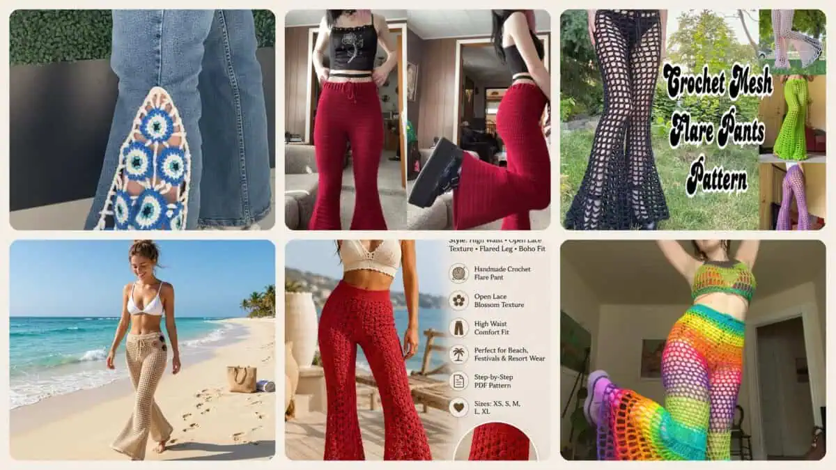 A selection of the crochet patterns in 12 Crochet Flare Pants You Have To See, From Retro to Boho
