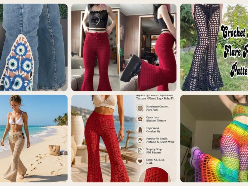 A selection of the crochet patterns in 12 Crochet Flare Pants You Have To See, From Retro to Boho