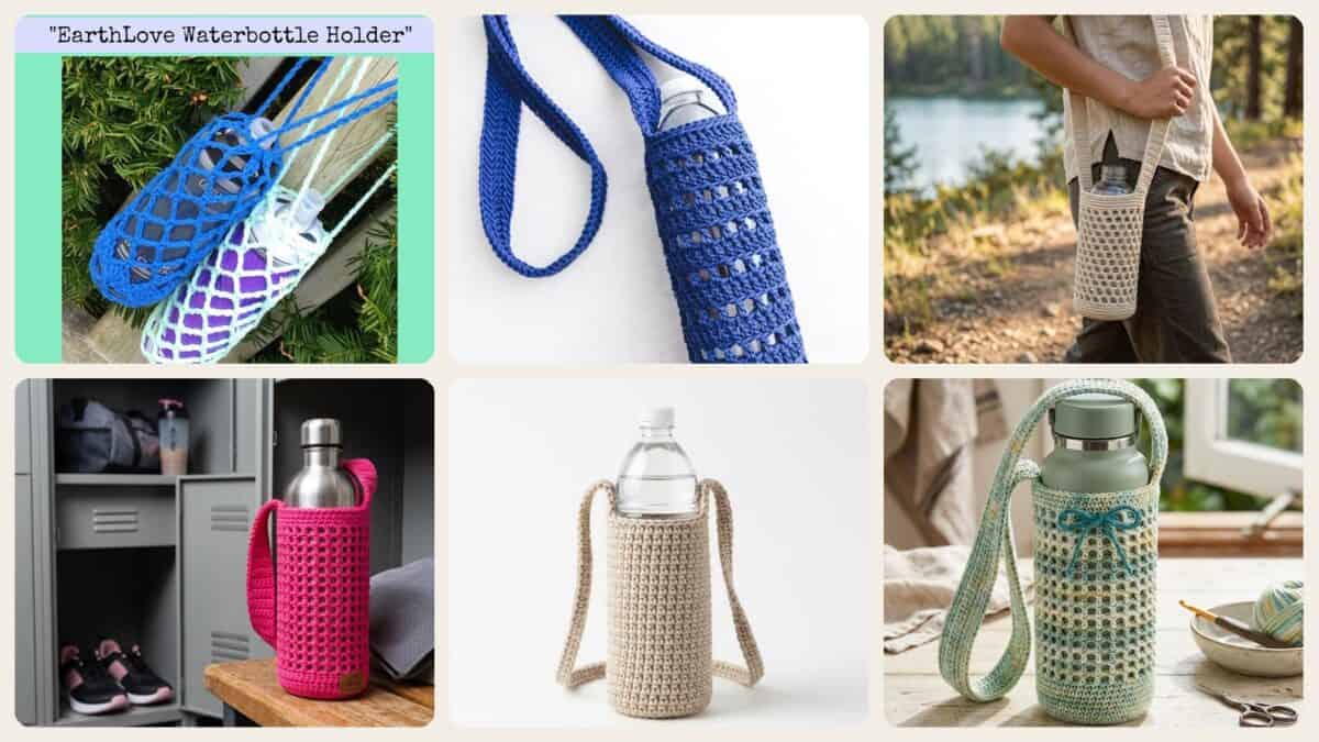 A selection of the crochet patterns in 40 Crochet Water Bottle Holder Patterns for On the Go