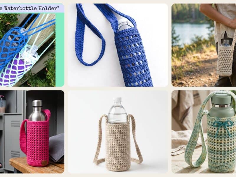 A selection of the crochet patterns in 40 Crochet Water Bottle Holder Patterns for On the Go