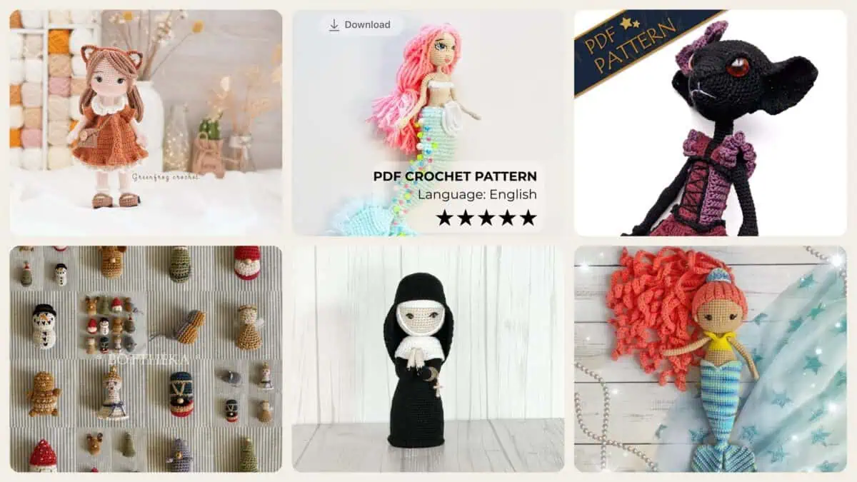 A selection of the crochet patterns in 27 Fascinating Crochet Art Dolls and Figures