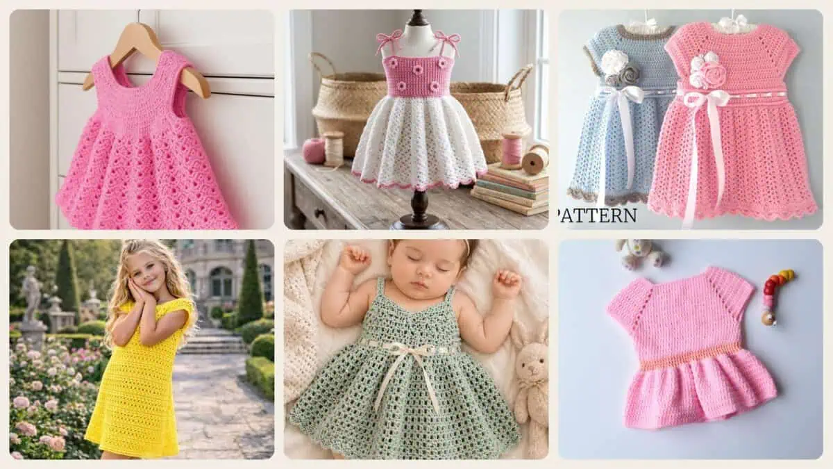 A selection of the crochet patterns in 40 Adorable Crochet Patterns for Girls’ Dresses to Make for Special Occasions and...