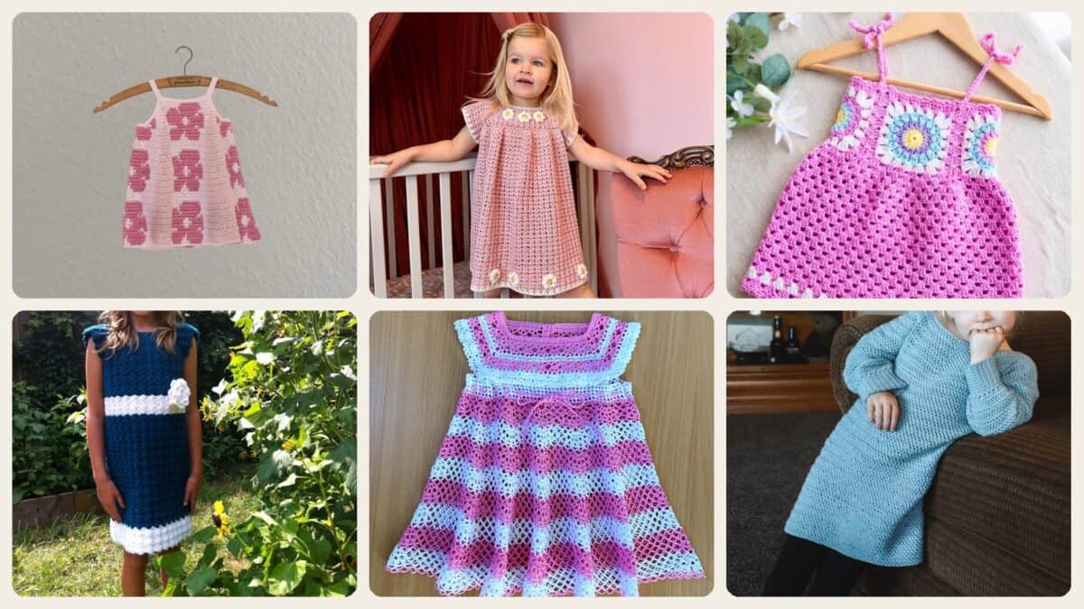 A selection of the crochet patterns in 6 Kid’s Crochet Dress Patterns Perfect for Spring and Summer